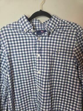 Vineyard Vines Mens Medium Whale Shirt Blue White Gingham Check Long Sleeve